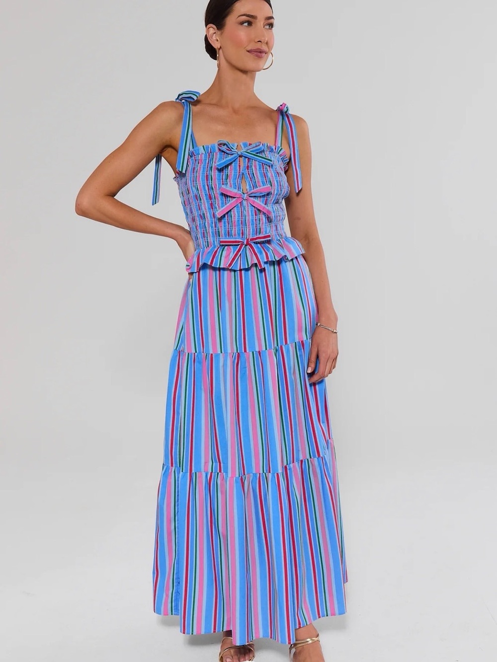 Smocked Tie-Shoulder Striped Maxi Dress in Blue and Pink